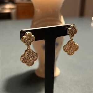 Gold Plated & Pave Crystals Pushback Dangle Clover Earrings NEW